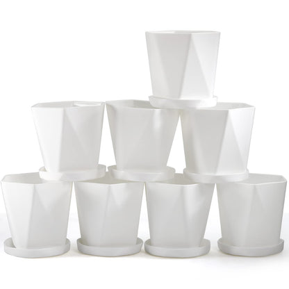 Foraineam Plastic Planters, Set of 8 White 5 inch Flower Pots with Drainage Holes and Trays, Suitable for Indoor and Outdoor Gardening