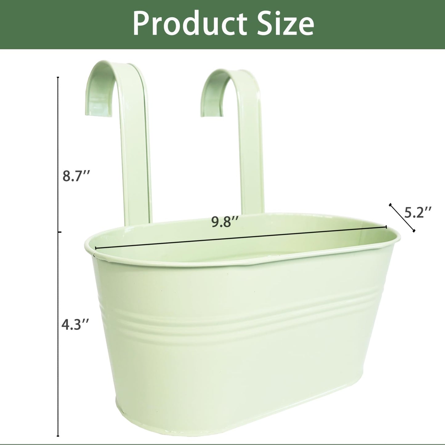Joyfernal Balcony Hanging Planters Flower Pots, 10" Metal Flower Pots for Outdoor Balcony Rails, Fence Pot Hanging Plant Holders with Detachable Hooks for Garden Patio Yard Decor (Mint Green, 4Pcs)