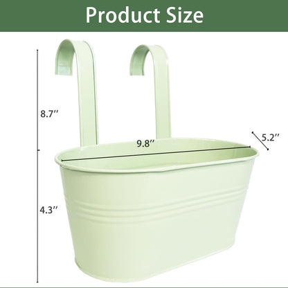 Joyfernal Balcony Hanging Planters Flower Pots, 10" Metal Flower Pots for Outdoor Balcony Rails, Fence Pot Hanging Plant Holders with Detachable Hooks for Garden Patio Yard Decor (Mint Green, 4Pcs)