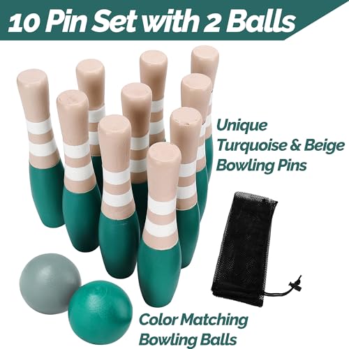 Sterling Sports Wooden Lawn Bowling 9" Skittles Set with Carrying Mesh Bag for Indoors and Outdoors - 10 Wooden Pins and 2 Balls, Green/Turquoise and Gray