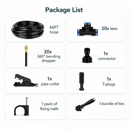 360° Adjustable Drip Irrigation System - Compatible 1/4" Irrigation System, 50FT Garden Watering Atomizing System with 15 Nozzles, Greenhouse Accessories for Yard, Lawn, Plants, Garden (66Ft)