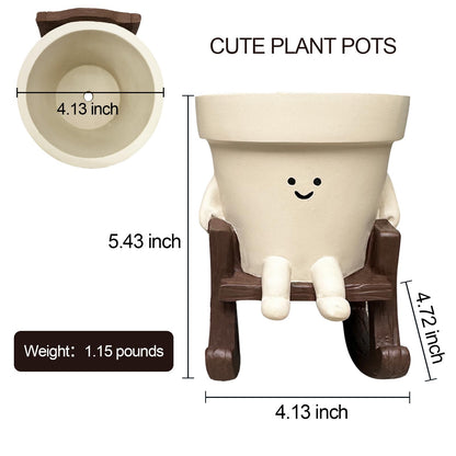 Smiley Face Planter Pot Small, Cute Resin Flower Head Planters for String of Pearls Plant Live Indoor Outdoor Unique Sit Rocking Chair Succulent Pots Gift Ideas for Family Friends with Drainage Hole