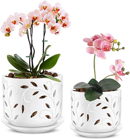 EFISPSS Ceramic Orchid Pots 5+6 Inch White with Drainage Holes & Tray, Breathable Airflow, Indoor & Outdoor