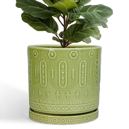 Eightpot Ceramic Planter - 12 Inch Pots for Plants Indoor Outdoor, Round Large Flower Pots with Drainage Hole and Saucer, Decorative Boho Planter, Home Office Decor, Plant Lover Gifts, Green