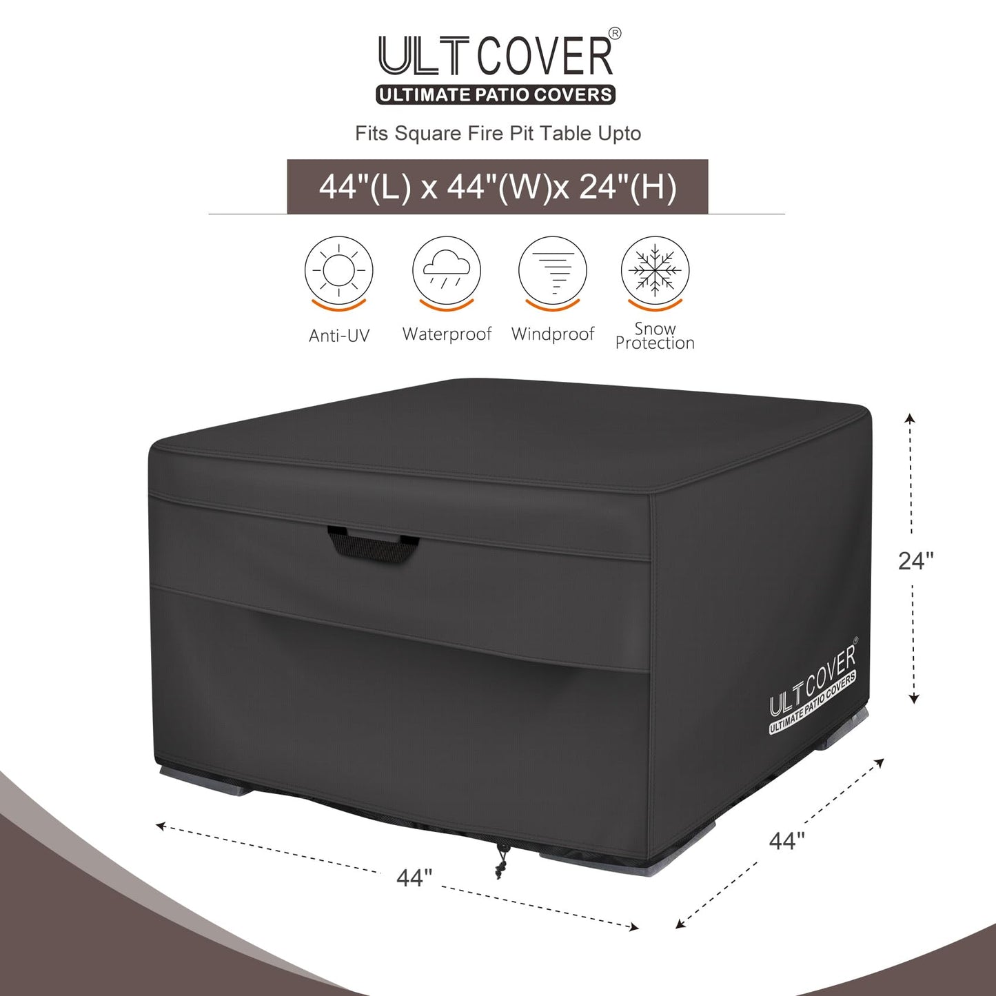 ULTCOVER Patio Fire Pit Table Cover Square 44 inch Outdoor Waterproof Fire Bowl Cover, Black