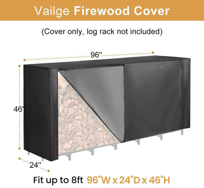 Vailge Firewood Rack Cover 8FT, Waterproof Firewood Rack Outdoor Cover with Full Front Zipper & Windproof Straps, Heavy Duty 600D Oxford Log Protector for All Seasons