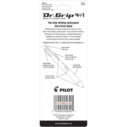 PILOT Dr. Grip 4+1 Multi-Function Refillable & Retractable Ballpoint Pen + Pencil, Fine Point, Black Barrel, Black/Red/Blue/Green Inks, Single Pen (36220)
