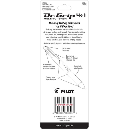 PILOT Dr. Grip 4+1 Multi-Function Refillable & Retractable Ballpoint Pen + Pencil, Fine Point, Black Barrel, Black/Red/Blue/Green Inks, Single Pen (36220)