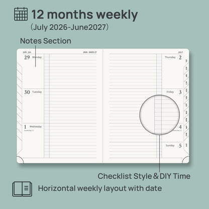 POPRUN Planner 2026-2027 (Medium 6.75"x 8.75"), Horizontal Weekly Notebook Jul.2026 - Jun.2027, Academic Appointment Book with Monthly Tabs, Leather Hardcover, 100 GSM - Aquamarine
