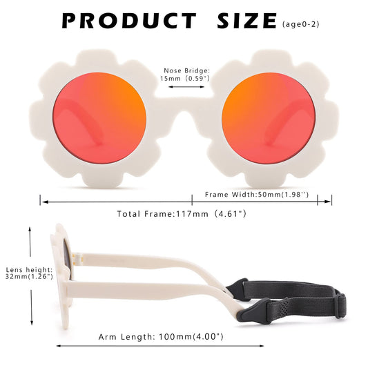 Hycredi Flexible Bendable Flower Baby Polarized Sunglasses with Strap Cute Shades for Newborn Infant Boys Girls Age 0-24 Months-White/Purple Red Mirror+Blue/Orange Red Mirror