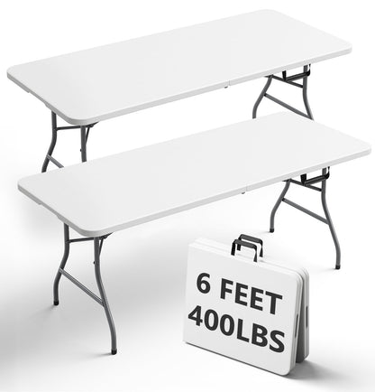 FurniEdge 6FT Folding Table 2 Pack, Heavy Duty Plastic Table with Handel, 400 lbs Portable Table, Reinforced Steel Legs, Fold-in-Half Table Ideal for Parties, Picnics, Weddings, Camping White