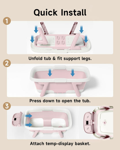 EverKiddo Collapsible Baby Bathtub, Laege Infant Bath Tub with Thermometer & Cute Soft Cushion for Newborn to 36-Month Toddlers, Storage and Non-Slip Feet Design, Baby Bath Gift (Pink)
