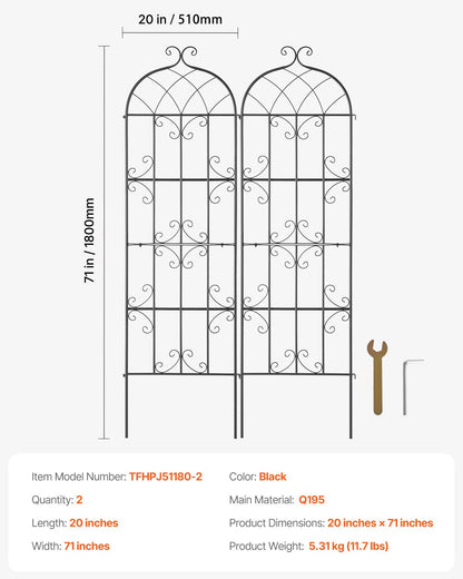 VEVOR 71 x 20 in, 2 Packs Rustproof Metal Garden Flower Trellis, Outdoor Climbing Rose & Cucumber Support, Decorative Clematis Trellis for Courtyards & Lawns