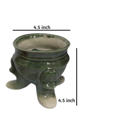India Meets India Handmade Ceramic 3 Legs Pot Planter [Green] w/Artificial Flower, Decorative Planter for Home Décor/Living Room/Office/Dining Area and Windowsill, 4.5 x 4.5 inches