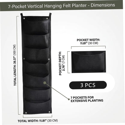 Bonalake Vertical Garden Planter, 3 Pack Felt Wall Hanging Planter with 7 Pockets, Breathable Fabric Vertical Gardenr for Indoor Outdoor Wall Decor, Black, 12x39in