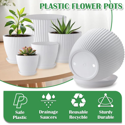 RooTrimmer 7.5/6.5/5.5/4.9/4.2/3.5 Inch Plant Pots with Drainage Holes and Saucer, Plastic Flower Pots for Indoor Plants, Lightweight Planter Pots for Plants, White