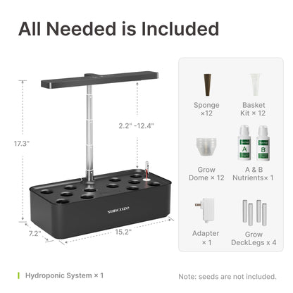 SUNCOZE Hydroponics Growing System Kit 12 Pods, 24W LED Grow Light Indoor Garden, 4L Water Tank with Quiet Pump, Adjustable Height Herb Garden Planter Indoor Kit, Gardening Gifts, Black
