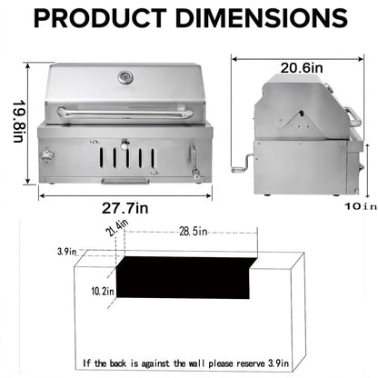 Large Charcoal BBQ Grills, Built in Barbecue Grill with Liftable Tray, Insulated Hood & Temp Gauge, Silver Stainless Steel BBQ Barrel Grill for Outdoor Kitchen Cooking Family Parties Patio Park Style