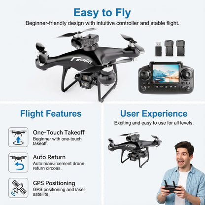 elecci E55 Air Drone with Screen Controller with SD Card, Two-batteries, Optical Flow Positioning, Speed Adjustment Suitable for Beginner. (2 batteries - White)