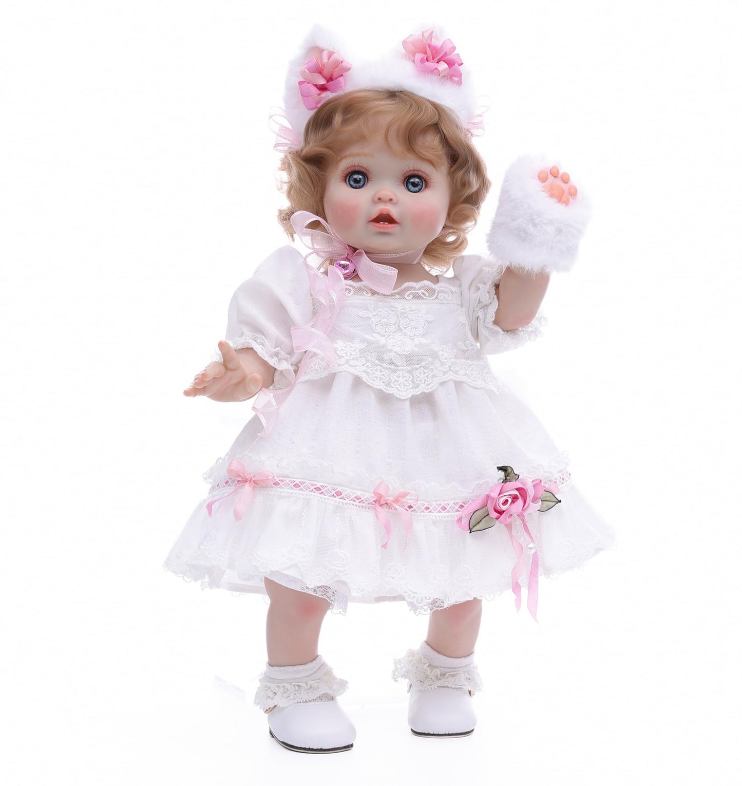 Cloveray Baby Doll, 18 Inch Realistic Reborn Toddler Real Life Baby Dolls with White Lace Dress, Magnetic Cat Nose, Fluffy Paw Mitten & Tail, Premium Collectible Gift for 3+ Year Old Girls