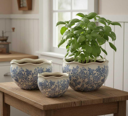 Galt International Ceramic Plant Pots Set of 3 Rustic Vintage Farmhouse Cream Crackle Glaze (11"/ 9.6"/ 7") Garden Indoor Outdoor Flower Planter w/Drainage Hole (Vintage Blue)