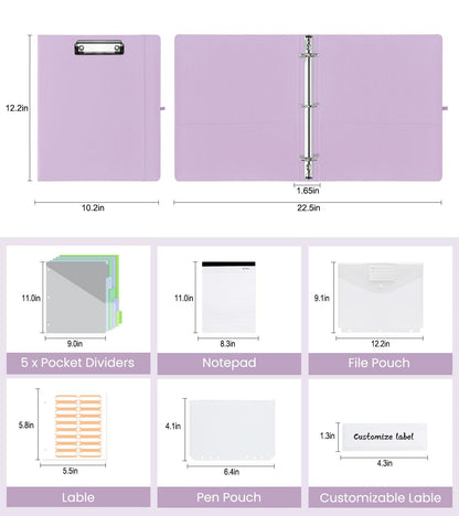 BVSSX 3 Ring Binder with Clipboard,1 Inch Binders with Notepad&5 Dividers with Pockets, Labels,PU Clipboards for School Office(Purple,Letter Size)