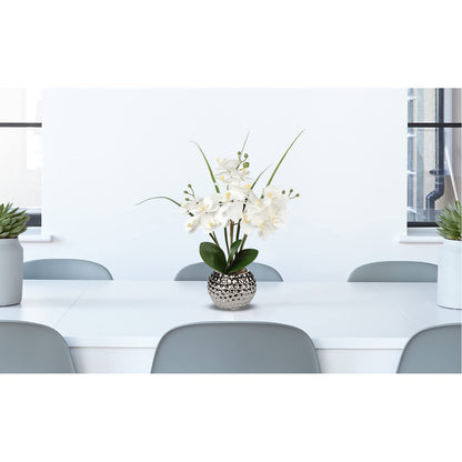 Briful Orchids Artificial Flowers, 20'' White Faux Orchid with Silver Vase Fake Phalaenopsis Flowers for Home Table Living Room Office Kitchen Decor