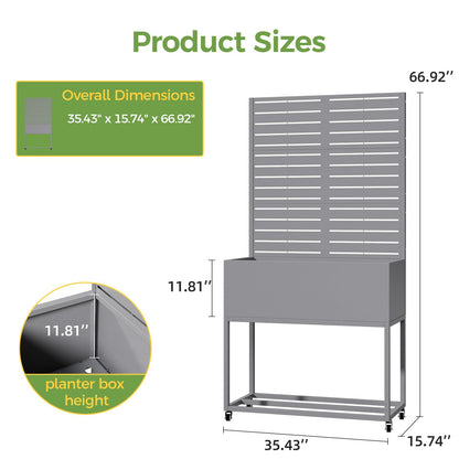 Metal Planter Box with Trellis, 3 in 1 Raised Garden Bed with Trelli & Firewood Rack, Privacy Planter Screen for Climbing Plants, Vine, Outdoor Garden Standing Beds with Drainage Holes, Wheels,Grey