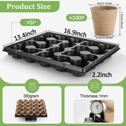 RooTrimmer 3.15 Inch Peat Pots 100 Pcs with 20 Cell Seedling Trays 5 Pcs, Biodegradable Seed Starter Pots with Drainage, Reusable Nursery Tray for Seed Starting Indoor Gardening Propagation Kit 5 Sets