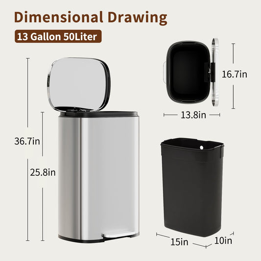 PayLessHere Trash Can with Lid, 13 Gallon (50L) Stainless Steel Kitchen & Office Recycling Bin with Foot Pedal Soft Close & Inner Bucket
