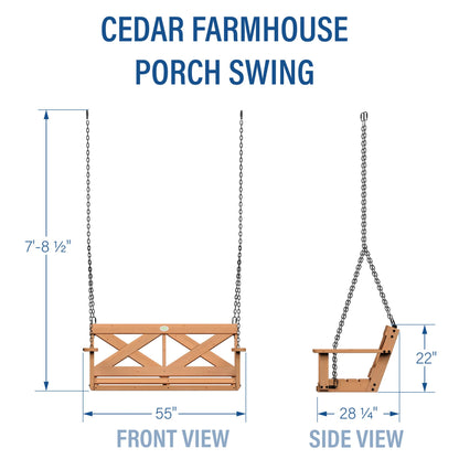 Backyard Discovery 55" Cedar Wood Farmhouse Outdoor Porch Swing Bench with Two-Person Seating, Durable Hanging Chains, Water-Resistant, Heavy-Duty 600 Lbs Weight Capacity for Patio, Deck, Garden