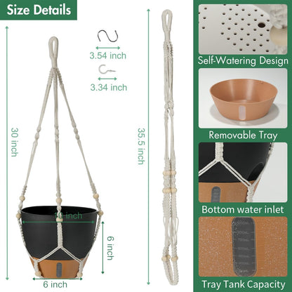 YUNLINGAA Self-Watering Hanging Planters for Indoor Plants Set 2-Piece Includes Plant Hanging Pot, Drainage-Hole Hanging Pot, and Hanging Basket Rack (10 Inches, Black)
