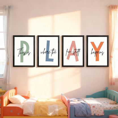 Cute Alphabet Play Framed Wall Art Set of 3, Natural Educational Alphabet Wooden Sign for Baby Girl Kid Boy Toddlers, Black Boho Preschool English Letters Nursery Decor for Homeschool Playroom