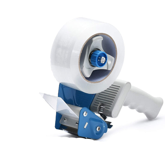 Pacific Mailer 2 Inch Tape Gun Dispenser with 2 Inch Carton Packing Tape, Lightweight Industrial Side Loading Tape Dispenser - Blue