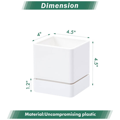 D'vine Dev 4 Inch Herb Planter Pot, Plastic Planter with Drainage Holes and Saucer, Modern Decorative Gardening Pot for Indoor Plants, Flowers, Herbs, Succulents, White, Set of 6, 76-Y-A6-1