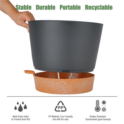 SwinDuck 12inch Large Self Watering Plant Pot, Plastic Cylinder Planter with 60Oz Deep Reservoir and Saucer for Indoor Outdoor Plants Flowers Houseplants, Black with Brown