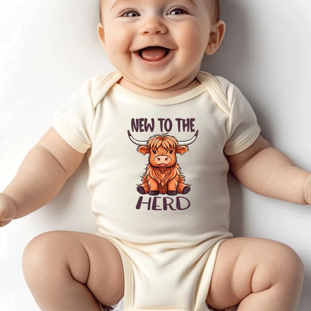 hrcfbk Western Baby Boy Girl Clothes Summer Newborn New to the Herd Cowgirl Short Sleeve Romper Infant Highland Cow Bodysuit (Beige New to the Herd,0-3 Months)