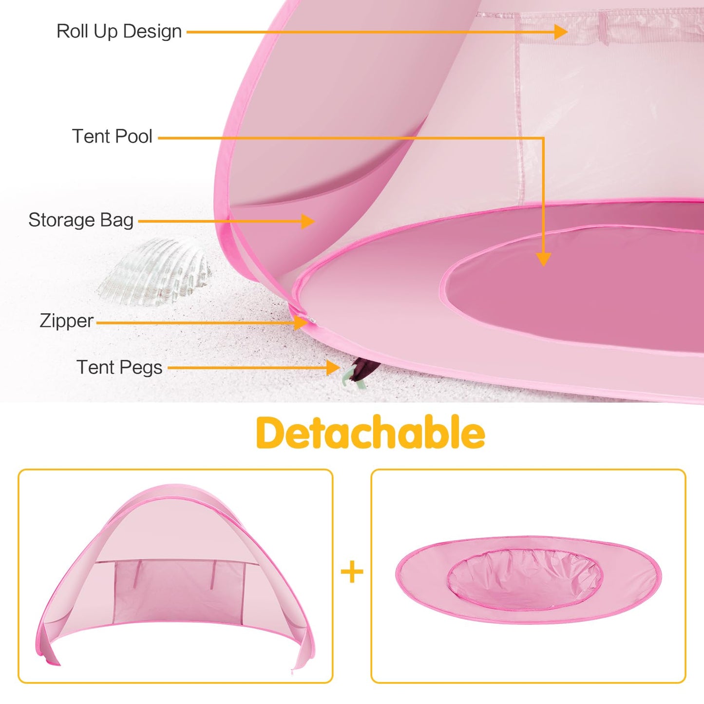 Baby Beach Tent with Pool, Pop Up Sun Shelter UPF 50+ UV Protection for Infant Toddlers, Portable Shade Tent with Carry Bag for Beach Outdoor Travel