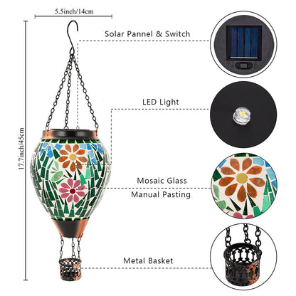 Giole Mosica Hot Air Balloon Solar Lantern, Flower Pattern Glass Hanging Solars Lanterns Outdoor Waterproof Decorative Solar Light for Garden, Yard, Patio Decor
