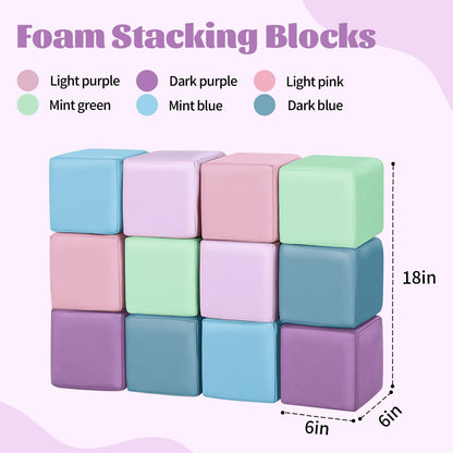 TODIBY Foam Building Blocks for Toddlers：12-Pieces Wipeable Leather Stacking Cubes Kids - Large Soft Toys Play Set for Learning Construction Baby Preschool Daycare Therapy Birthday Gift (Purple Pink)