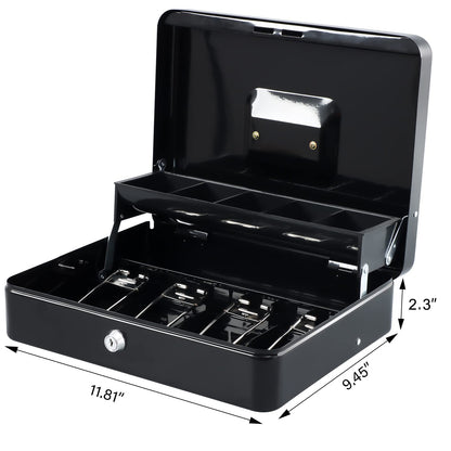 KYODOLED Cash Box with Money Tray, Key Lock Money Safe with Security Cable and Waterproof Bag, 11.81L*9.45W*3.54H inch, Black X Large