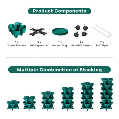 Tectsia Strawberry Vertical Planters Tower Garden, 5 Tiered Stacking Planter with Support Pole, Stackable Herb Vegetable Planters Indoor and Outdoor - Hunter Green