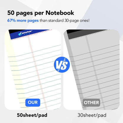 6 Pack Legal Note Pads Wide Ruled 8.5" x 11" Writing Pads (50 Sheets/Pad) White Recycled Paper Micro-Perforated Notepad Hard Back Notepads for Office & School Supplies - Made in USA
