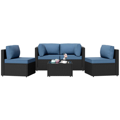 Shintenchi 5 Pieces Outdoor Patio Sectional Sofa Couch, PE Wicker Furniture Sets, Patio Conversation Sets with Washable Cushions Glass Coffee Table for Garden, Poolside, Backyard, Aegean Blue
