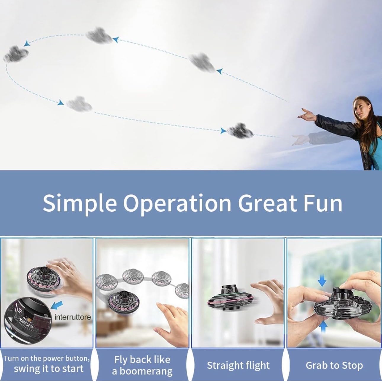 Flying Spinner Mini UFO Drone with Lights, 360°. Fidget Spinner Flying Boomerang Toys Magical Hand Controlled Gifts for Kids & Friends,Cool Game for Birthday Party Team Play (Black)