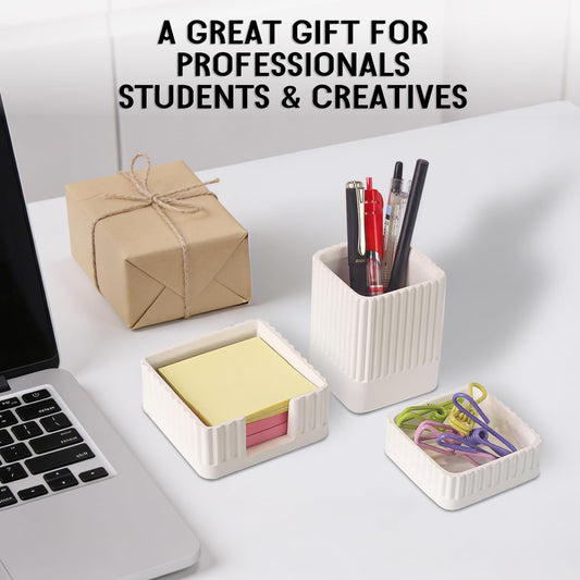Desk Organizer Set of 3 for Office Accessories - Includes Pen Holder, Paperclip Storage, and Sticky Note Holder - Aesthetic Concrete Desktop Accessories for Women or Men, Office Decor (White)