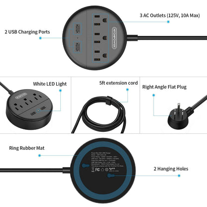 NTONPOWER Flat Plug Power Strip Bundle, 3 Outlets 2 USB Compact Power Strip with 5ft Cord and 10 ft Long Extension Cord, Right Angle Plug, Wall Mount for Office, Home, Nightstand, Dorm Essentials