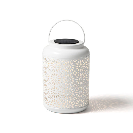 Glitzhome Solar Lantern White Metal Cutout Flower Outdoor Hanging Solar Light with Handle for Garden Patio Yard Outdoor Decor