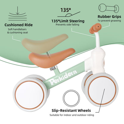 PerKidern Baby Balance Bike for 1-3 Year Old Boys Girls, 12-36 Month Toddler Balance Bike, 4 Wheels Baby Bike Toddler First Birthday Gifts (Green)