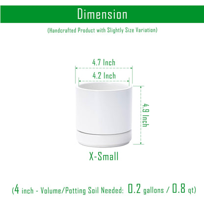 D'vine Dev 4.7 Inch Ceramic Planter Pot with Drainage Hole and Saucer, Indoor Cylinder Round Planter Pot, White, 94-O-B-1